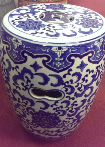 Blue and white solid, open carved porcelain garden stool 18" high