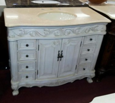 48" Scroll style Cream Marble bath vanity Whitewashed finish sink traditional