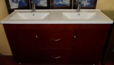 59" Cherry-stained Bathroom Double Vanity Sink White Acrylic Top w/ Faucets