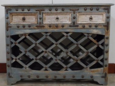 39" Wine / Bottle Rack Multi Color Solid Wood from India 3 Drawers Metal Accents