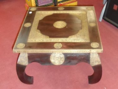 Wooden coffee table hand Carved made in India gold metal emblems