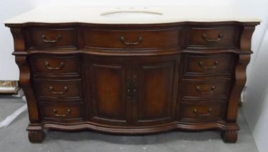 60" Single Bathroom Vanity Sink Cream Marble w Teak Color Body w Bisque Bowl