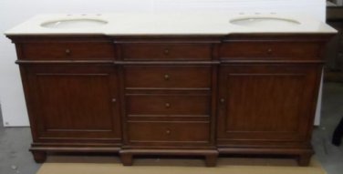 72" Double Vanity Bathroom Sink cream marble Teak Color Body w Bisque Bowls