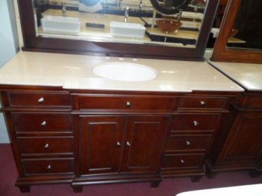 60" Espresso-stained bathroom vanity single sink cream marble
