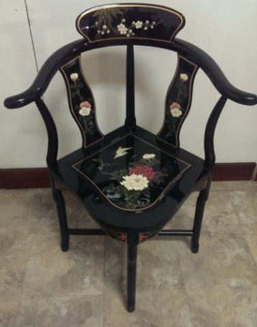 Black lacquer accent piece corner chair mother of pearl  with flowers and birds