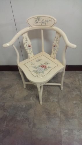 Off white accent piece corner chair honey stain with flowers and birds design