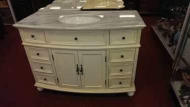 48" White Marble Single Bathroom Vanity Sink White Wash Finish w/ White Bowl