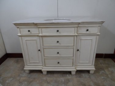 48" White Marble Single Bathroom Vanity Sink Whitewash Finish w/ White Bowl