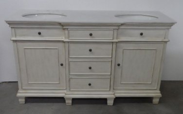 60" Double Bathroom Vanity Sink White Marble w/ White Wash Cabinet & White Bowls