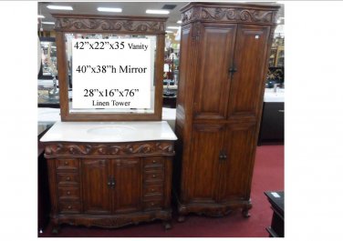 Combo 42" Cream Marble bath vanity w/ mirror and linen tower sink **NO FAUCETS**