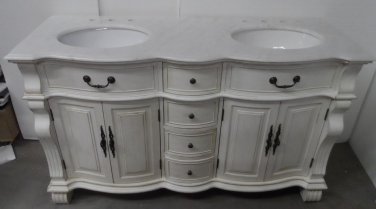 60" Double Bathroom Vanity Sink White Marble Whitewash Color Body w White Bowl