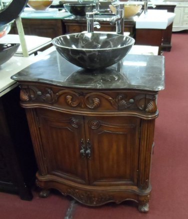 30" Bathroom Vanity Sink Coffee Marble Top & Vessel Bowl Teak Finish w/  Faucet