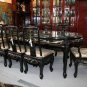 Chinese Black Lacquer Dining table set w/ Gold Cushions, Mother of Pearl + glass