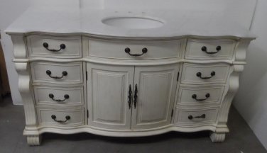 60" Single Bathroom Vanity Sink White Marble / Whitewash Color Body / White Bowl