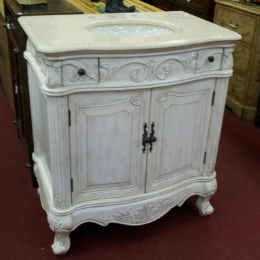 32" Cream Marble Bath Vanity whitewash traditional vanity w/ mirror, linen tower