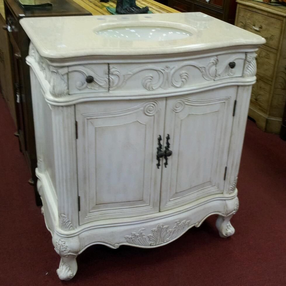 32" Cream Marble Bath Vanity whitewash Finish traditional vanity w