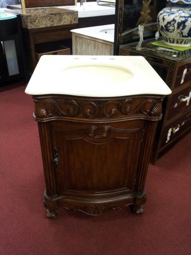 24" Cream Marble Bathroom combo Vanity Teak Finish traditional w/ mirror