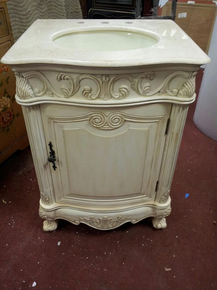 24" Cream Marble Bath Vanity whitewash vanity, linen tower, med