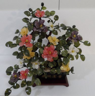 Jade Tree w/ Multi-Color Stone Flowers W/ Stand / Leaves & Base are Solid Jade