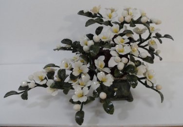 Jade Bonsai Tree with White Stone Flowers / Leaves & Base are Solid Jade