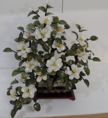 Jade Tree w/ White Stone Flowers W/ Stand / Leaves & Base are Solid Jade