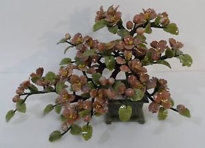Jade Bonsai Tree with Dusty Rose Stone Flowers / Leaves & Base are Solid Jade