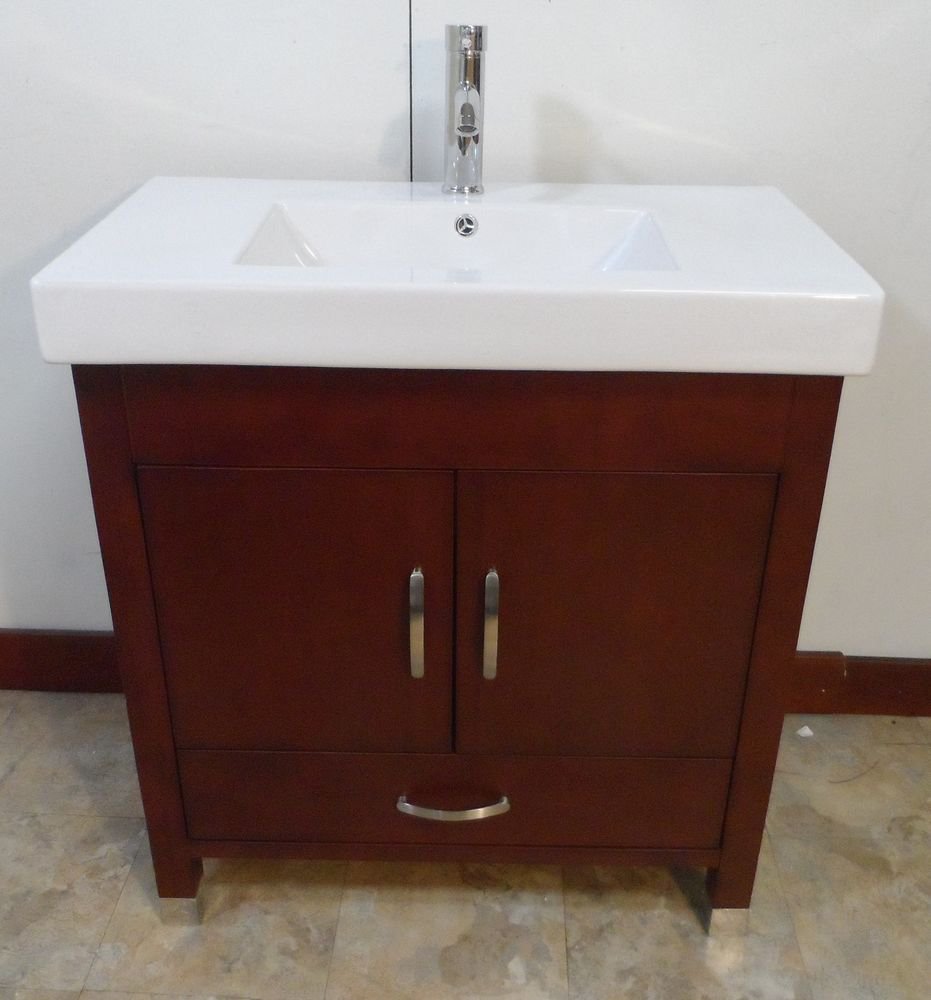 32" Bathroom Vanity SOLID WOOD Cherry Finish w/ White Porcelain Top w