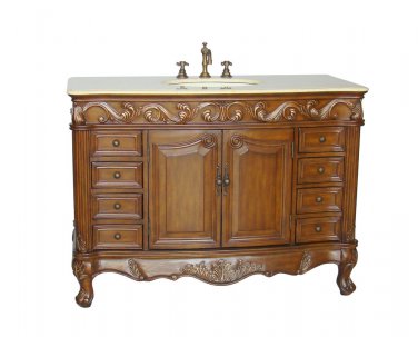 48" Cream Marble vanity Teak stain sink w/ 20" linen tower,and mirror NO FAUCET
