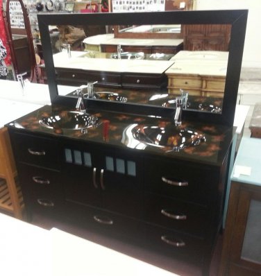 61" Marbled Glass top Modern Double sink Vanity dark ebony w/ faucet