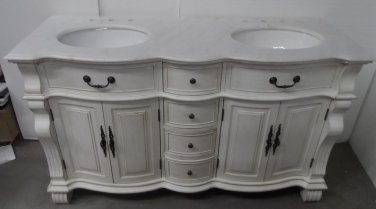60" Double Bathroom Vanity Sink White Wash body w/ White Marble & White Bowl