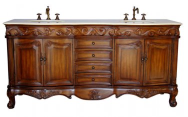 72" Teak Bathroom Double Vanity Sink Cream Marble Traditional Design