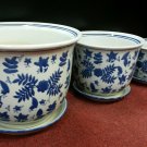 blue and white set of three planters with dishes, 6", 8", and 10" wide