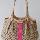 NWT COACH F28503 SIGNATURE STRIPE Handbag SHOULDER BAG Purse KHAKI/PINK $328
