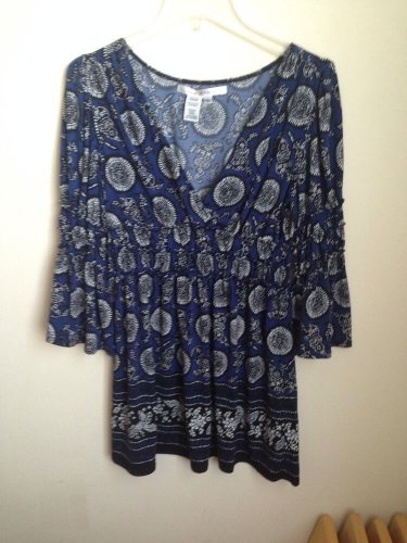 MAX STUDIO Large L Blouse Black & White Floral Draped Cinched Stretch Women's