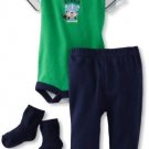 BON BEBE Baby-Boys Clothes 3 Piece Top Pant Sock Set, Green/Navy, 3-6 Months NWT