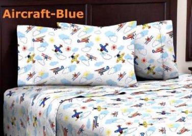 Boys Kids Bedding Double Brushed Microfiber Sheet Set  Twin Full- AIRCRAFT- Blue