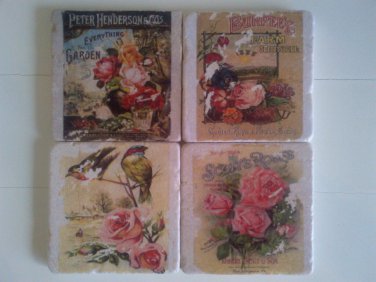 Vintage Roses Tumbled Tile Coasters