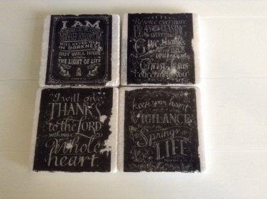 Vintage B&W Bible Verse Set A Tumbled Tile Coasters