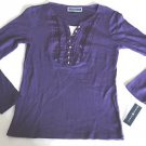 NWT KAREN SCOTT LONG SLEEVE  RUFFLE HENLEY INSET RHINESTONE BUTTONS
