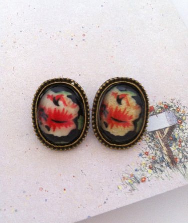 Vintage Inspired Oversized Red Oval Rose Earrings