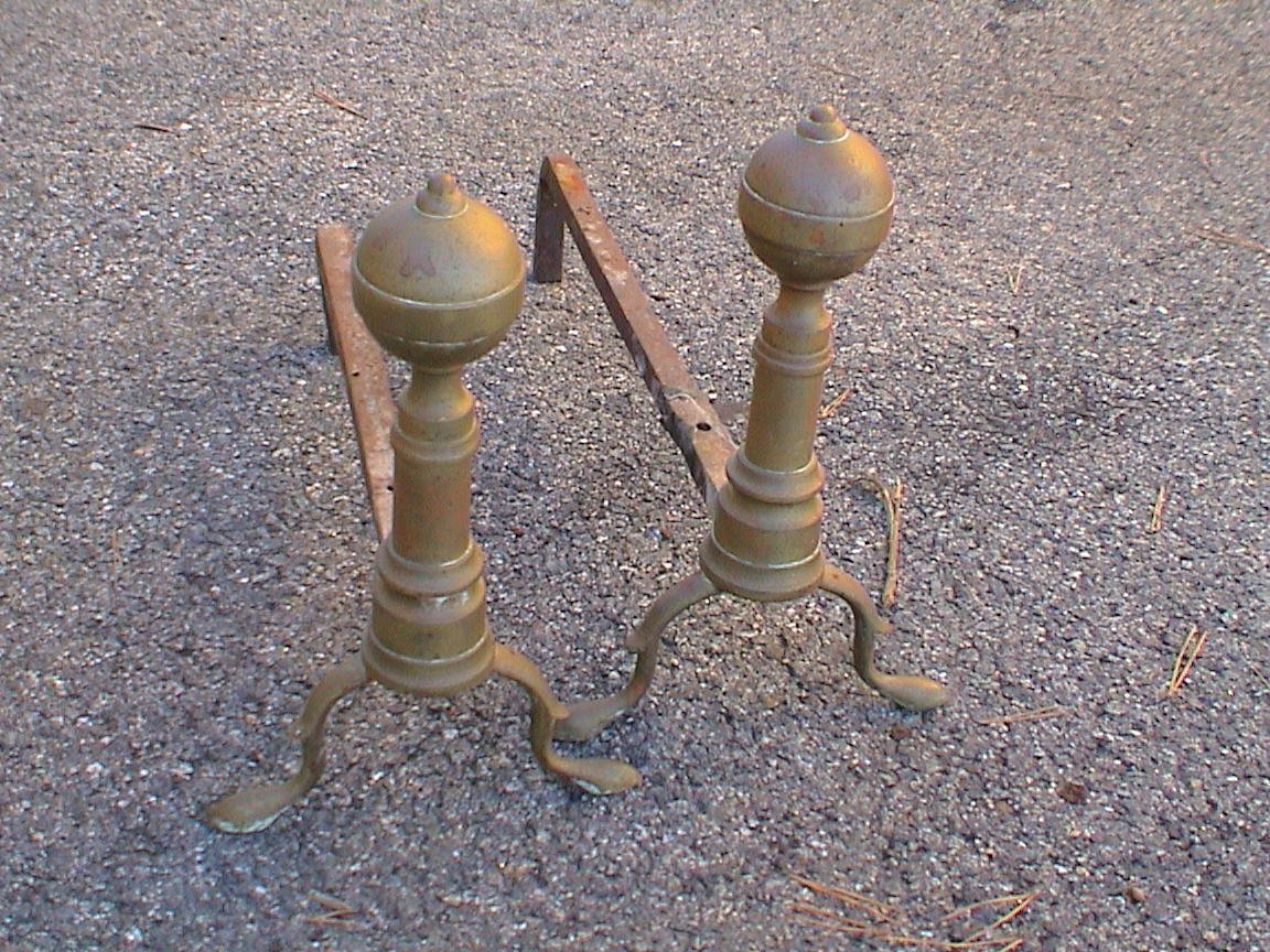 Solid Brass Fireplace Andirons Vintage 1940 S PAIR   526084610b54a 314226b 