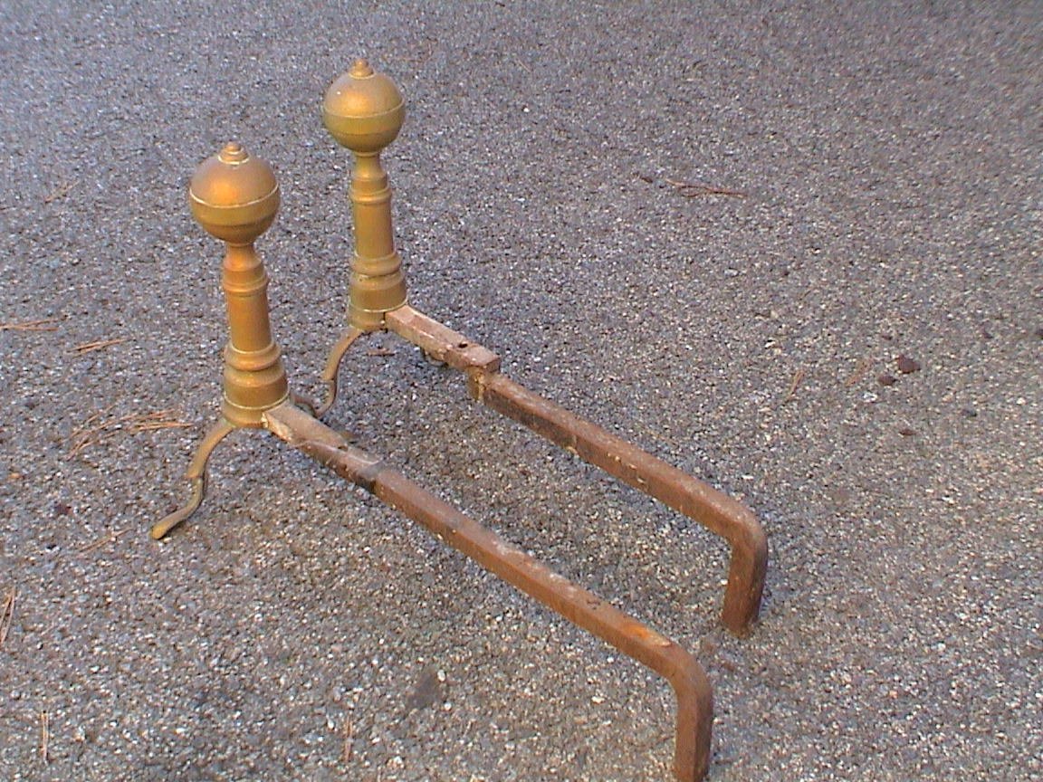 Solid Brass Fireplace Andirons Vintage 1940's PAIR