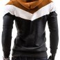 Man Long Sleeves Stylish Color Block Drawstring Fleece Hoodies, camel&white&deep grey, S, OP46329