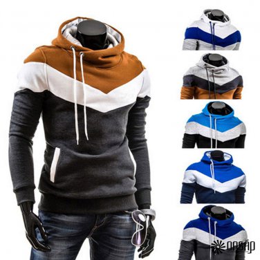 Man Long Sleeves Stylish Color Block Drawstring Fleece Hoodies, camel&white&deep grey, M, OP46329