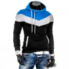 Man Long Sleeves Stylish Color Block Drawstring Fleece Hoodies, blue&white&black, M, OP46329