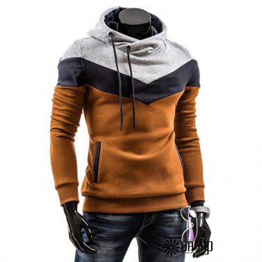 Man Long Sleeves Stylish Color Block Drawstring Fleece Hoodies, grey&white&camel, XS, OP46329