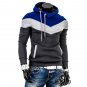 Man Long Sleeves Stylish Color Block Drawstring Fleece Hoodies, blue&white&deep grey, M, OP46329