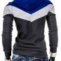 Man Long Sleeves Stylish Color Block Drawstring Fleece Hoodies, blue&white&deep grey, L, OP46329