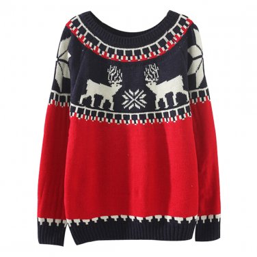 OASAP Cute Women Round Neckline Long Sleeves Deer Print Color-Blocked Sweater, OP53178
