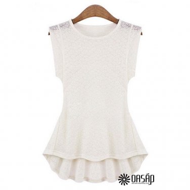 Lovely Crochet Lace Peplum Top Women Sleeveless Boat Neckline Blouse, ivory, L, OP44168